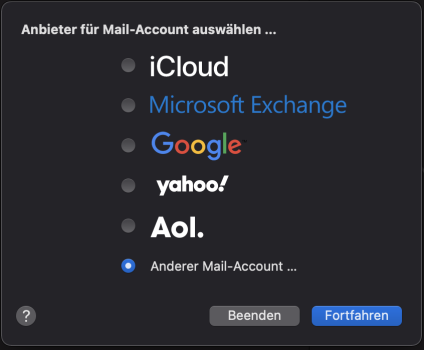 Auswahl Mail-Conto bei Apple Mail