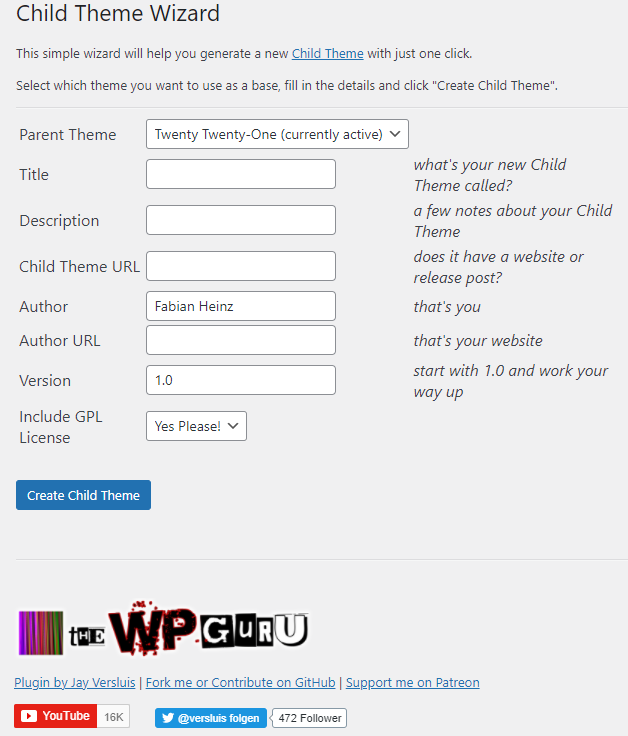 WordPress-Plugin: Child Theme Wizard