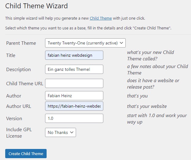 Child Theme Wizard ausgefüllt