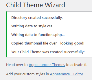 Child Theme Wizard Bestätigung