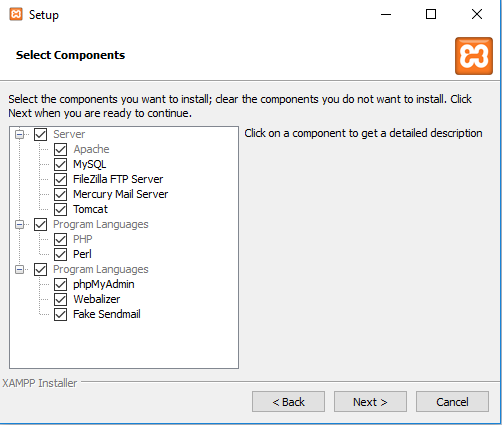 XAMPP Installation - Komponentenauswahl