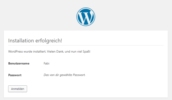 Wordpress Installation erfolgreich