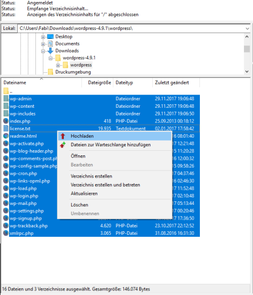 Dateien über Filezilla hochladen